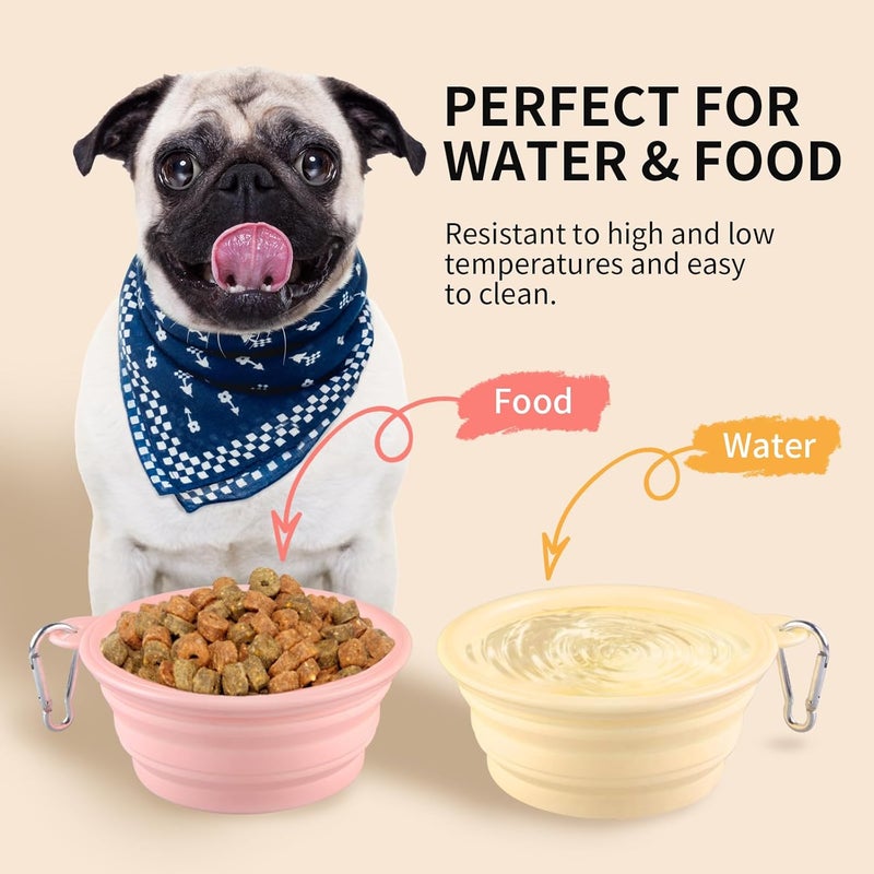 TECOPH Collapsible Dog Bowls 2-Pack, Portable Travel Dog Bowl with Carabiner, Food-Grade Silicone Pet Bowl for Hiking, Walking (Macaron Pink and Yellow) - Image 3